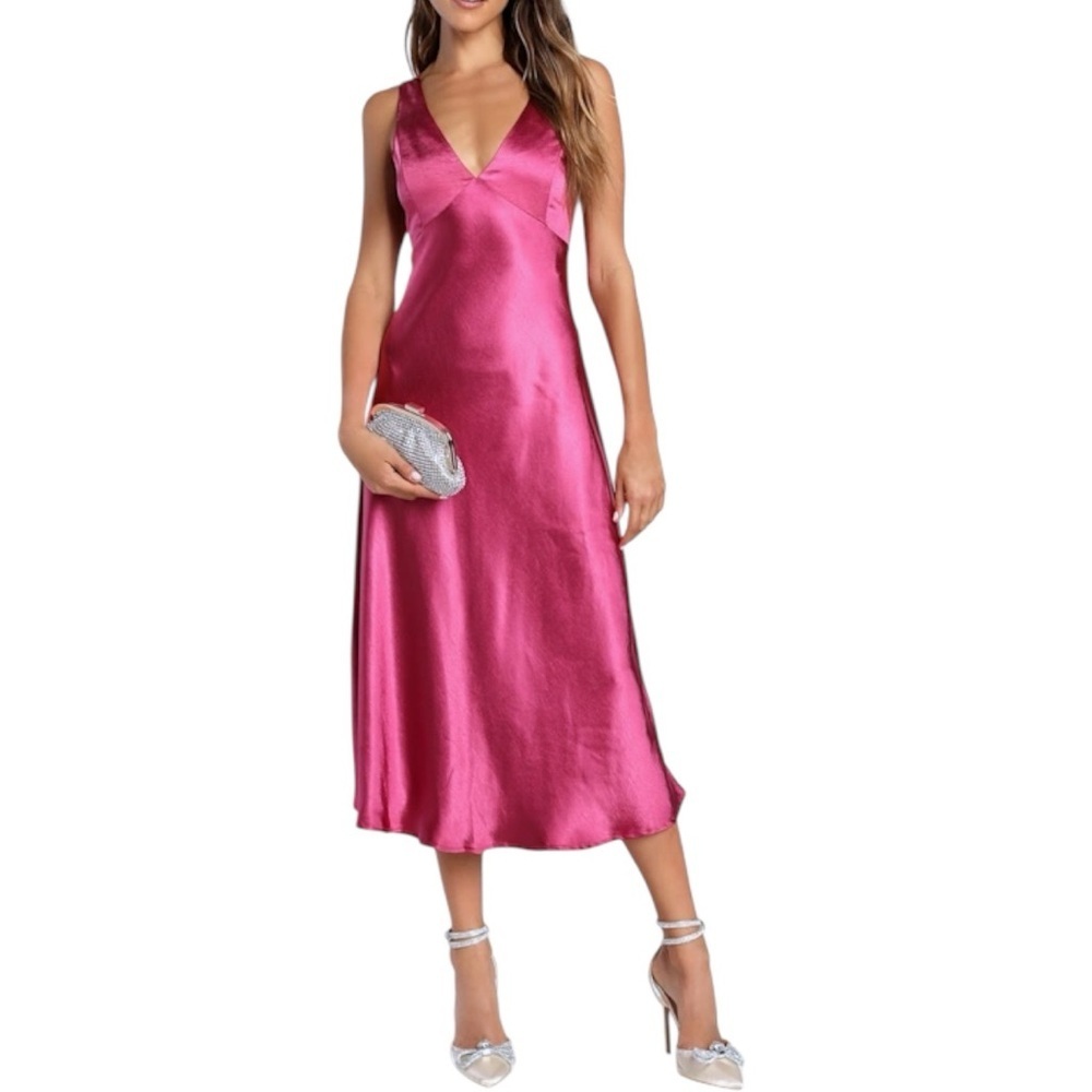 NEW Lulus Incredible Love Magenta Satin Cowl Midi Slip Dress Women’s Size XL